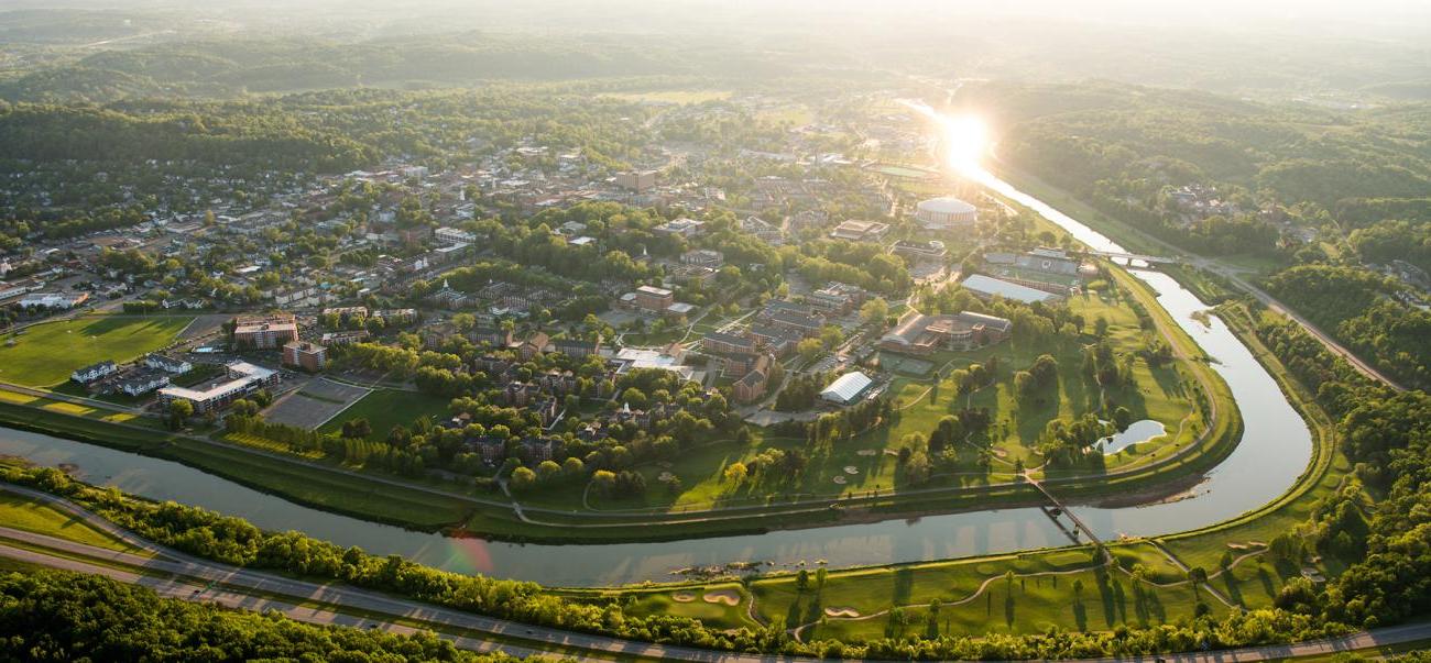 Aerial view of Ohio University's Athens campus at sunset